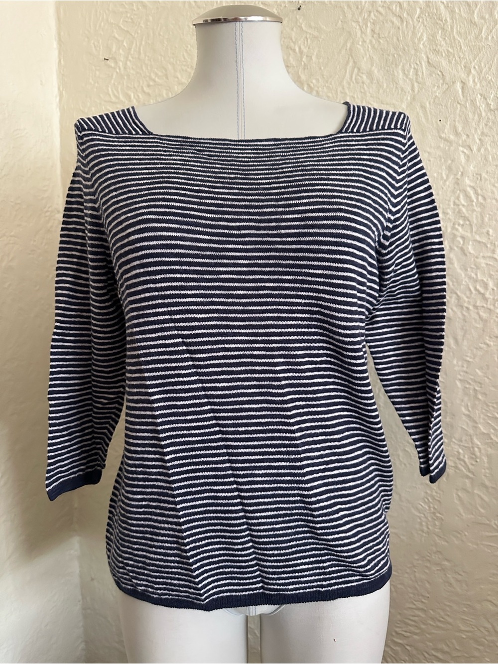 Eileen Fisher Dark Blue White Stripe Linen Cotton Blend Three Quarter Top Small